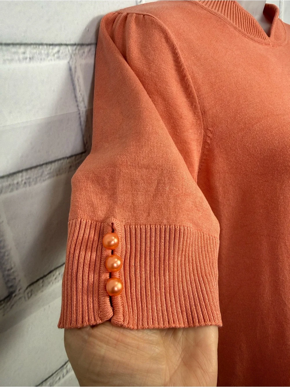 August Silk Knit Mock Neck Short Sleeve Sweater Top Peach Pearl Sleeve Detail/M